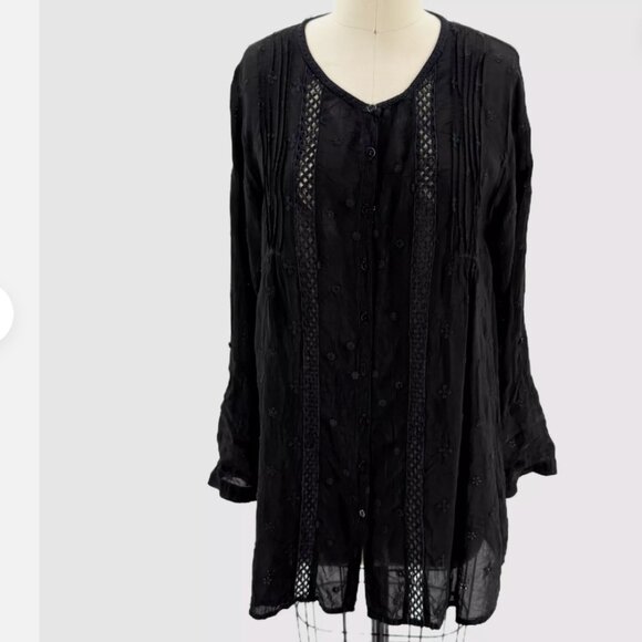 JW Johnny Was Black Cupra Eyelet LSV Button Down Tunic Blouse Top Small - Picture 1 of 10